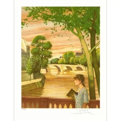 GANNE Yves - Lithographie originale "Femme en bord de Seine" 75x55cm