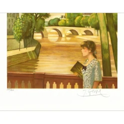 GANNE Yves - Lithographie originale "Femme en bord de Seine" 75x55cm