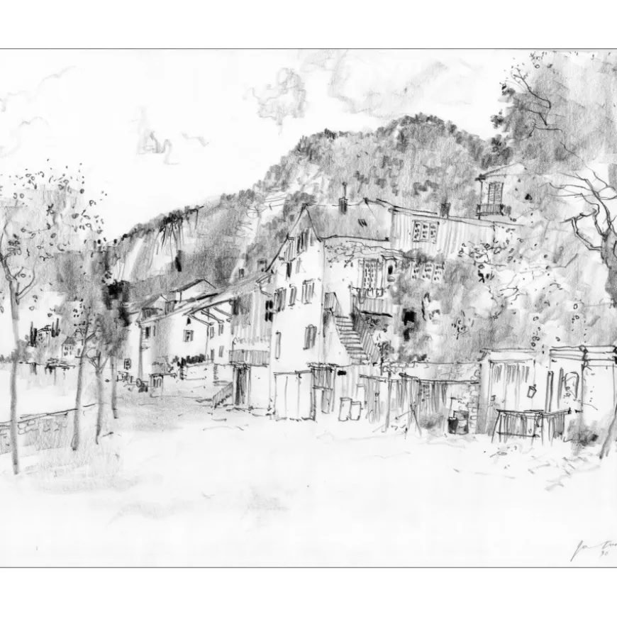 GANTNER Bernard - Dessin au fusain "Le village" 36x46cm