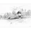 GANTNER Bernard - Dessin au fusain "La maison en bord de rivière" 34x48cm