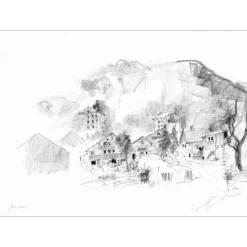 GANTNER Bernard - Dessin au fusain "Village de montagne" 34x48cm