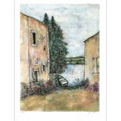 GANTNER Bernard - Lithographie originale "Maisons en bord de rivière" 65x48cm