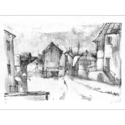GANTNER Bernard - Lithographie originale "Le village enneigé" 54x76cm