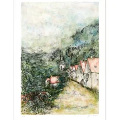 GANTNER Bernard - Lithographie originale "L'église du village" 65x48cm