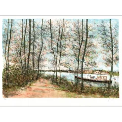 GANTNER Bernard - Lithographie originale "Péniche sur le fleuve" 54x76cm