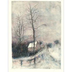 GANTNER Bernard - Lithographie originale "Hameau enneigé" 65x48 cm