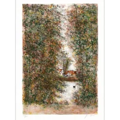 GANTNER Bernard - Lithographie originale "Vue sur le village" 53x38cm