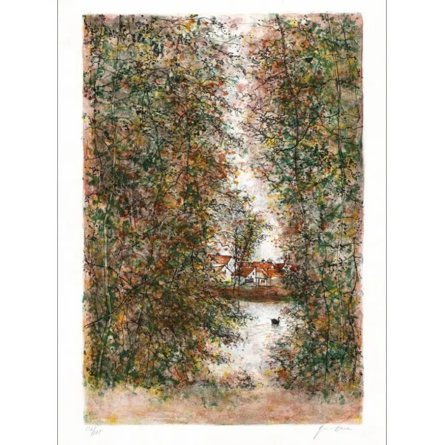 GANTNER Bernard - Lithographie originale "Vue sur le village" 53x38cm