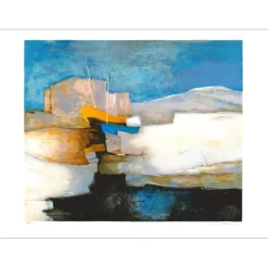 GAVEAU Claude - Lithographie originale "Maison et bateaux en bord de mer" 56x76cm