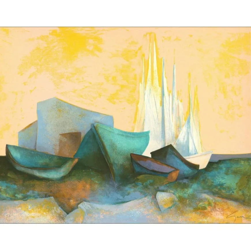 GAVEAU Claude - Lithographie originale "Bateaux sur la plage" 53x70cm