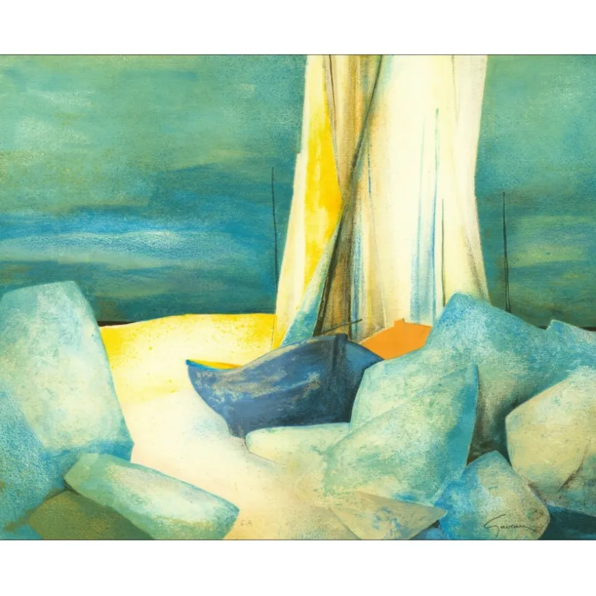 GAVEAU Claude - Lithographie originale "Bateau échoué" 50x65cm