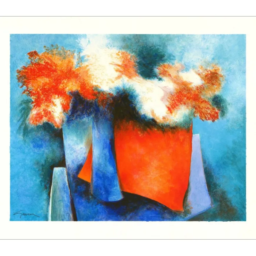 GAVEAU Claude - Lithographie originale "Bouquet au vase bleu" 46x56cm - 1991