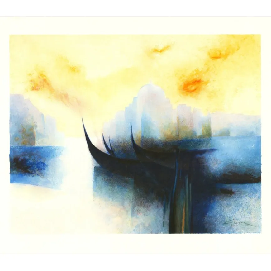 GAVEAU Claude - Lithographie originale "Barques à Venise" 46x56cm - 1991