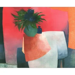 GAVEAU Claude - Lithographie originale "Grand bouquet au fond rouge" 71x90cm