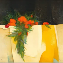 GAVEAU Claude - Lithographie originale "Nature morte à la nappe jaune" 72x76cm