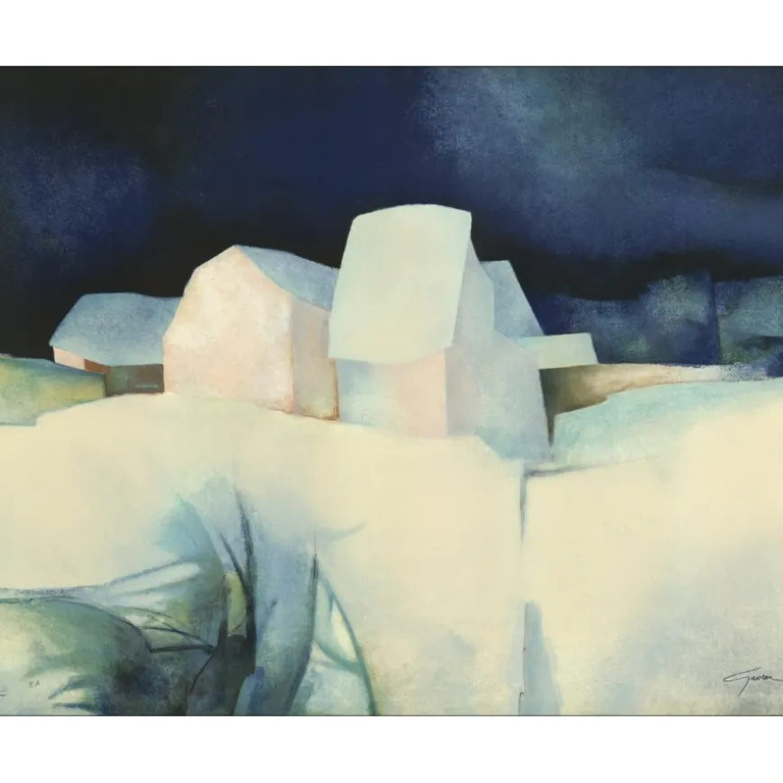 GAVEAU Claude - Lithographie originale "Hameau sous la neige" 68x88cm
