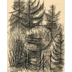 GROMAIRE Marcel - Dessin à l'encre "Barques sur l'Étang Forestier" - 32x24cm - 1935