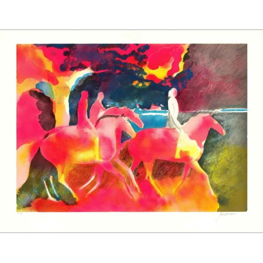GUIRAMAND Paul - Lithographie originale "Les cavaliers" 56x76cm