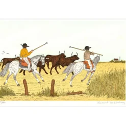 HADDELSEY Vincent - Lithographie originale "Les gardians de Camargue" 37x54 cm - 1985 - Signée et Numérotée