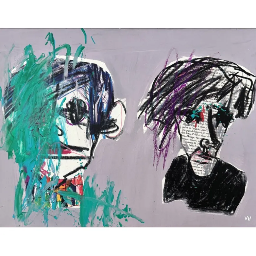 HASCH Victor - Peinture à l'acrylique "Basquiat vs Warhol, Gris" 54x73cm