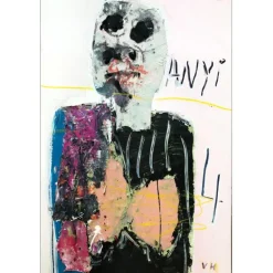 HASCH Victor - Peinture originale à l'acrylique et collages sur carton "Personnage en noir" 60x40cm - 2012