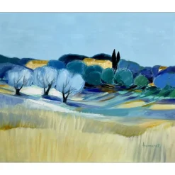 HEMERET Claude - Huile sur toile "Provence, les deux cyprès" 50x61cm