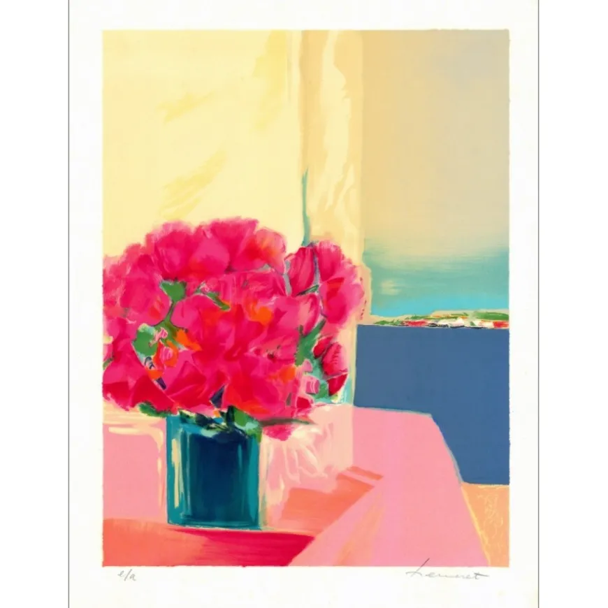 HEMERET Claude - Lithographie originale "Bouquet de fleurs dans un vase" 60x45cm
