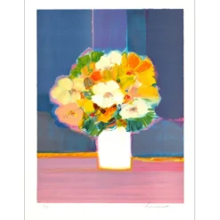 HEMERET Claude - Lithographie originale "Bouquet de fleurs dans un vase" 60x45cm