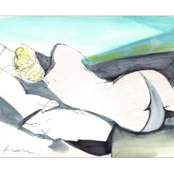 HILAIRE Camille - Aquarelle originale "Femme de dos à la plage" 24x31cm