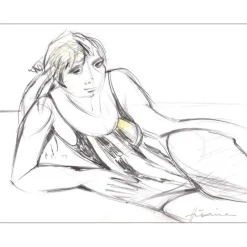HILAIRE Camille - Dessin au crayon et au fusain "Femme à la plage" 24x31cm