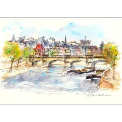 HUCHET Urbain - Aquarelle originale "Paris : Notre Dame vue de la Seine" 30x45cm