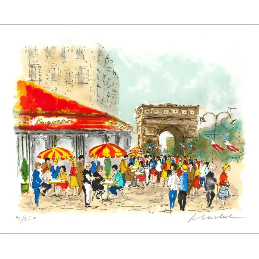 HUCHET Urbain - Lithographie originale "Paris, Champs Elysées" 38x52cm