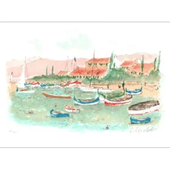 HUCHET Urbain - Lithographie originale "Bateaux dans le port de pêche" 38x55cm