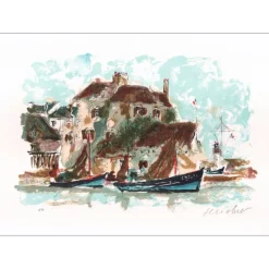 HUCHET Urbain - Lithographie originale "Le petit port de pêche" 54x76cm