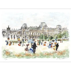 HUCHET Urbain - Lithographie originale "Paris, Les jardins du Louvre" 54x76cm