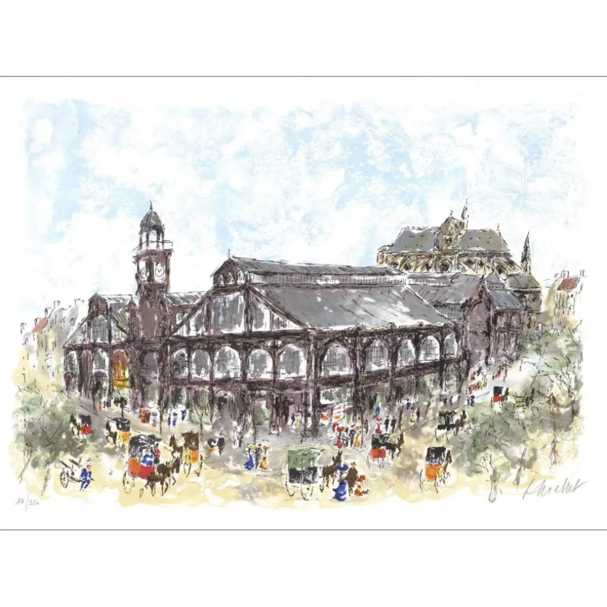 HUCHET Urbain - Lithographie originale "Paris, Les halles et Saint-Eustache" 54x76cm