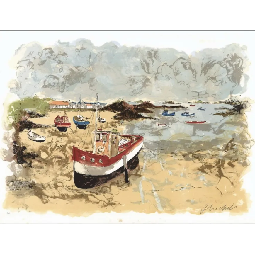 HUCHET Urbain - Lithographie originale "Bretagne, bateaux à marée basse" 54x76cm
