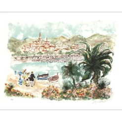 HUCHET Urbain - Lithographie originale "Côte d'Azur, Le bord de mer" 50x65cm