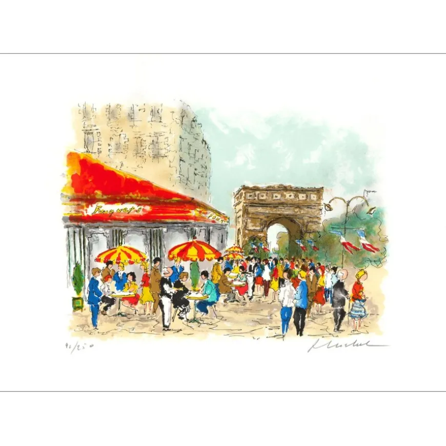 HUCHET Urbain - Lithographie originale "Paris, Champs Elysées" 38x52cm