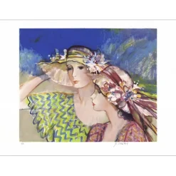 IMAI Sachiko - Lithographie originale "Deux élégantes aux chapeaux de paille" 56x76cm