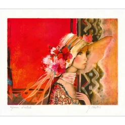 IMAI Sachiko - Lithographie originale "Le foulard blanc" 38x46cm