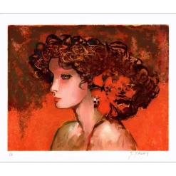 IMAI Sachiko - Lithographie originale "Femme à la fleur" 38x46cm