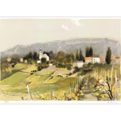 JOUENNE Michel - Lithographie originale "Le village en Champagne" 38x56cm