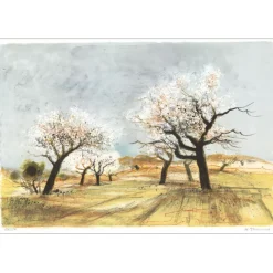 JOUENNE Michel - Lithographie originale "Les amandiers en fleur" 38x56cm