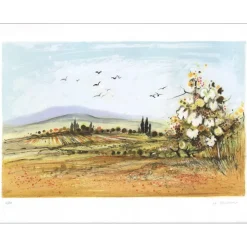 JOUENNE Michel - Lithographie originale avec relief "Paysage de Provence" 50x65cm