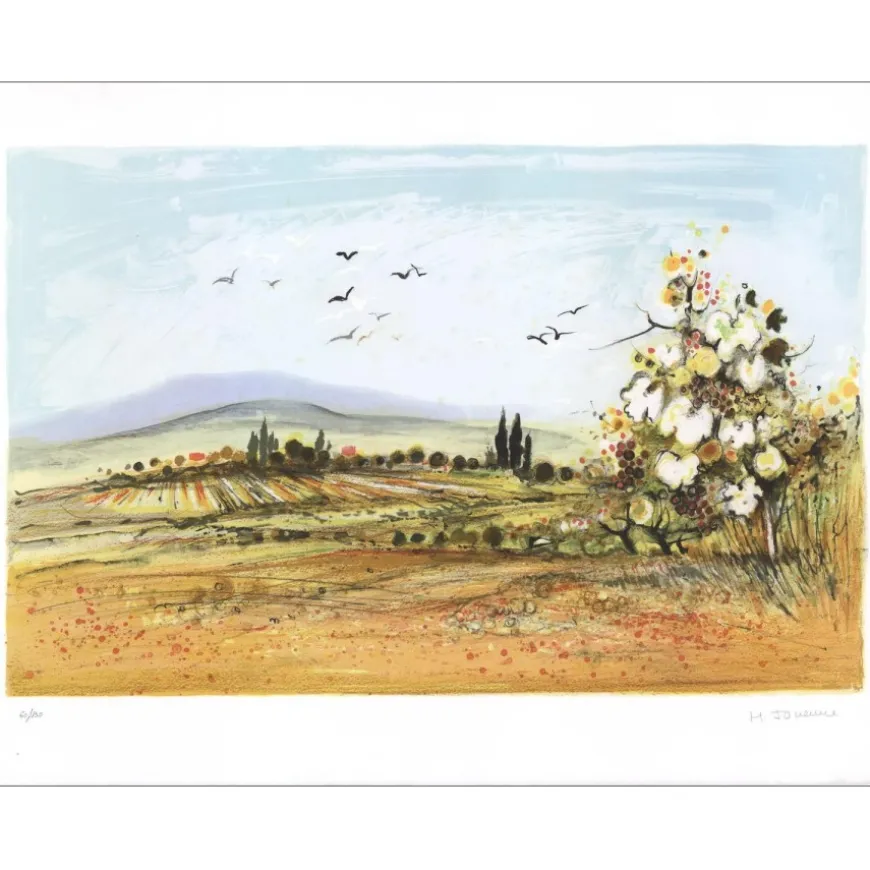 JOUENNE Michel - Lithographie originale avec relief "Paysage de Provence" 50x65cm