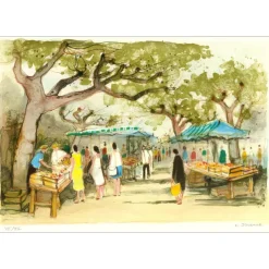 JOUENNE Michel - Lithographie originale "Le marché" 38x56cm