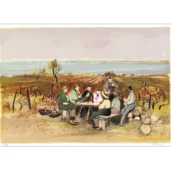 JOUENNE Michel - Lithographie originale "Le repas des vignerons" 38x56cm