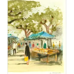 JOUENNE Michel - Lithographie originale "Le marché" 38x56cm