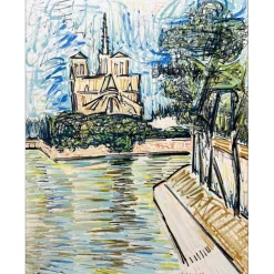 KISCHKA Isis - Dessin original (gouache, crayon,..) "Notre dame de Paris vue de la Seine" 64x49cm